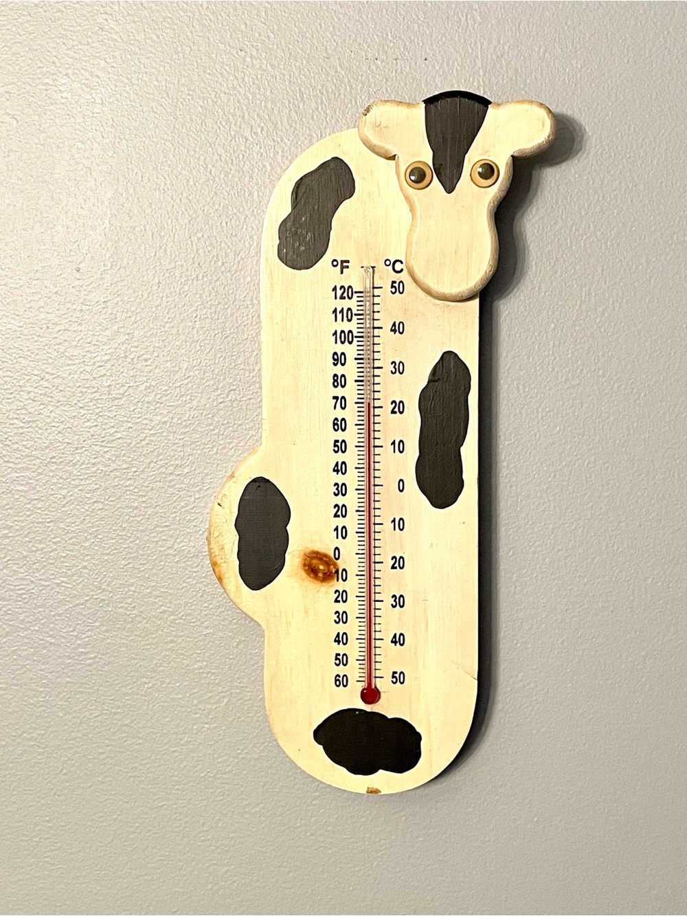 Vintage Hand-Carved Wooden Cow Themed Wall Thermometer Country Farmhouse Decor